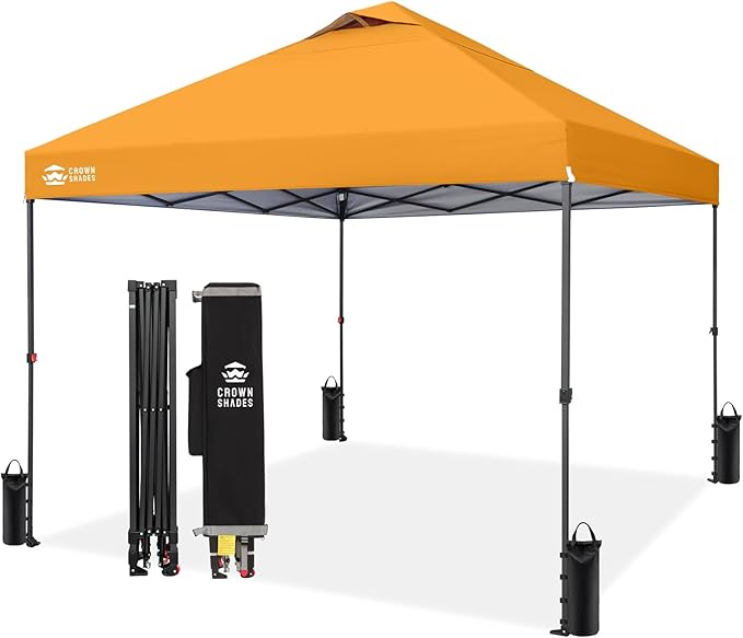 CROWN SHADES 10x10 Pop Up Canopy - Patented Center Lock One Push Instant Outdoor Canopy Beach Tent with STO-N-Go Bag 8 Stakes & 4 Sand Bags，Orange