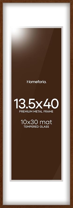 Homeforia 13.5x40 Picture Frame Brown, High End Dark Oak 13.5by40 Walnut Wood Poster Frame with Mat 10x30, 13.5 x 40 Panoramic Wooden Frames Matted to 10 x 30 Print, Tempered Glass, Wall Kit, Set of 1