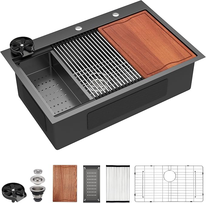 Dcolora 33 In. Black Kitchen Sink with Cup Washer, Large Single Bowl Drop In Installation, Heavy Duty 16 Gauge 304 Stainless Steel, Workstation with Valued Accessories, #DC-T2533001BWS 33"x22"x10"