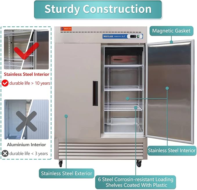 WESTLAKE 54"W Commercial Freezer 49 Cu.ft Stainless Steel Reach-in Solid Door Upright Fan Cooling 2 Door 2 Section Freezer for Restaurant, Bar, Shop, etc