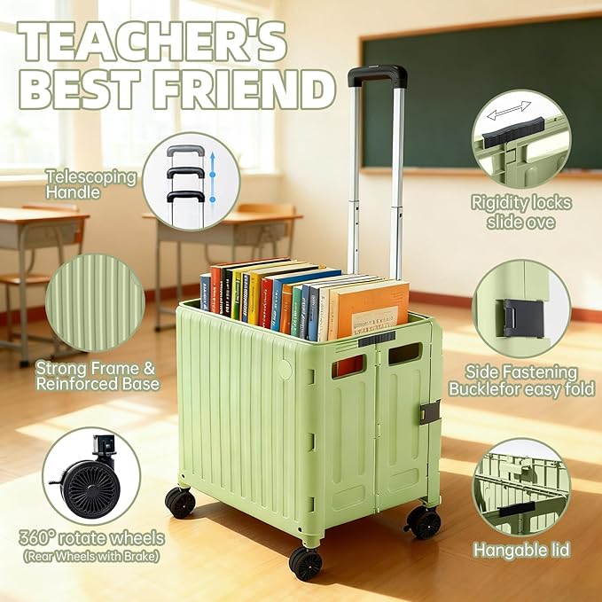 Heavy Duty Rolling Cart for Stairs：Collapsible Utility Crate with Wheels & Handle Foldable Tote Box for Toolbox Trade Show Supplies Teachers TODAYGO Mobile Storage Cart with Lid