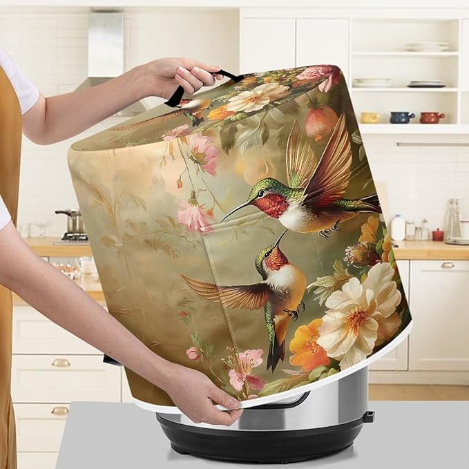 TODIYADDU White Flower Hummingbird Pressure Cooker Cover with Handle and Storage Pocket for Extra Accessories Portable Kitchen Appliance Dust Cover Protective for Air Fryer Toaster Accessories, L