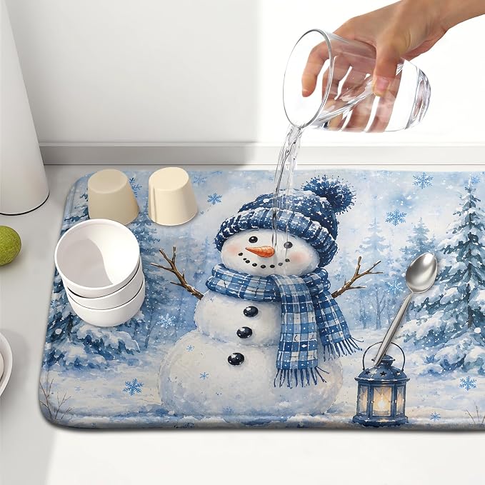 Kawani Winter Snowman Decorations Dish Drying Mat 16x18 Inch | Blue Snowman - Image 6