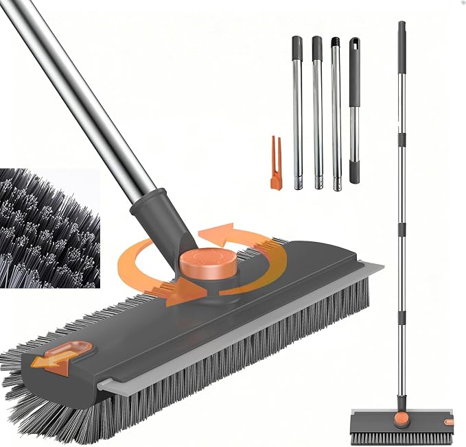 3-in-1 Floor Scrub Brush with Long Handle, Rotating Head Squeegee & Tweezer | by Unknown