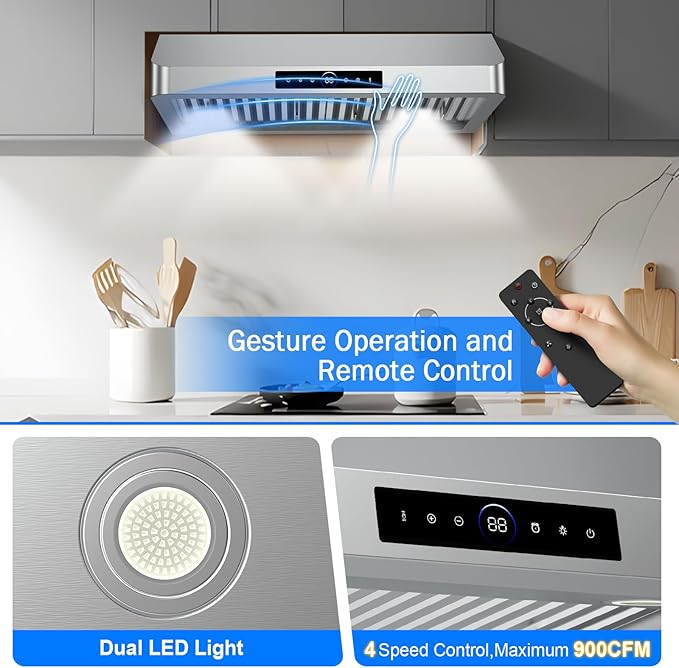 30 Inch Under Cabinet Range Hood with 1200CFM Powerful Suction,Stainless Steel Ducted Vent Hood with 4 Speeds,Smart Touch Panel, 3W LED Lights, Quiet Kitchen Exhaust Hood,18B-E30
