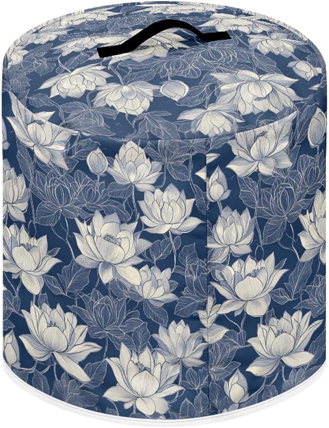 Insulated Pressure Cooker Appliance Cover, Also Fit for Rice Cooker, Air Fryer and Crock Pot, 6 Qt Dust Cover with Pocket for Spoon/Cooking Utensils/Recipes, Machine Washable, Blue Lotus
