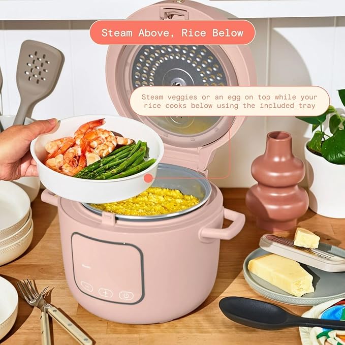 Beautiful 14-Cup Electric Rice & Grain Cooker, Ceramic Nonstick, 8 Presets, Slow Cook, Steamer Tray (Rose)