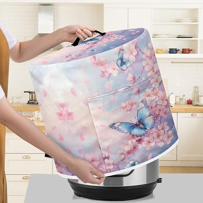 Xoenoiee Butterfly Pink Cherry Blossom Print Pressure Cooker Cover for Kitchen Appliance Dust Cover with Pockets for Rice Cooker Air Fryer Slow Cooker, for 8 Qt Pot
