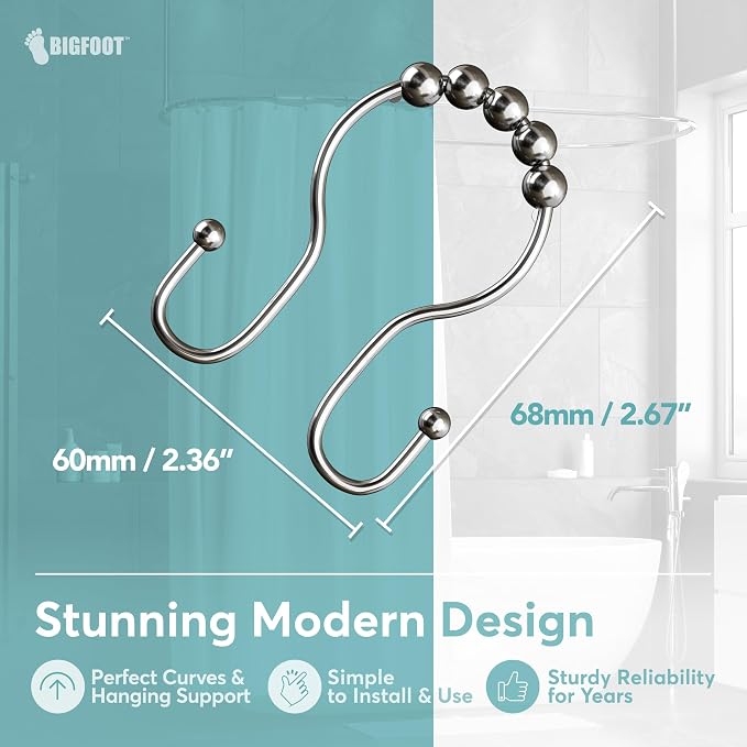 BigFoot Shower Curtain Hooks, Stainless Steel, Rust-Resistant, Easy Install | - Image 3