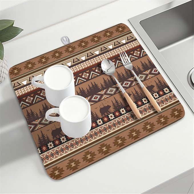 Giwawa Rustic Bear Deer Dish Drying Mat Boho Ethnic Drainer Rack Pad 16x18 Inch - Image 8