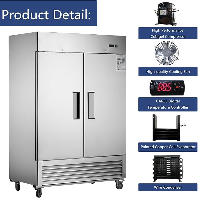 54" Upright Commercial Freezer with 2 Solid Door, 42 Cu.Ft Reach-in Freezer, Stainless Steel Interior and Exterior Construction, -8℉ ~ -2℉, Fan Cooling Freezer for Restaurant Bar, ETL and DOE