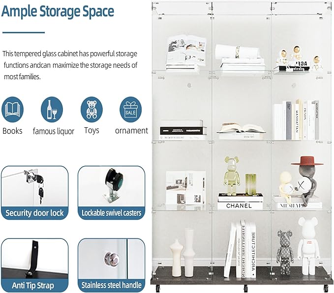 Yoluckea 4 Tiers Glass Display Cabinet Extra Large with Bluetooth LED Light Strip, 2 Doors Floor Standing Curio Cabinet with Universal Wheel for Home, Black Glass Bookshelf for Collections, Clear Top