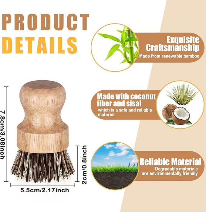 Nuenen 6 Packs Bamboo Dish Scrub Brushes Wooden Scrubbers Set Kitchen - Image 6