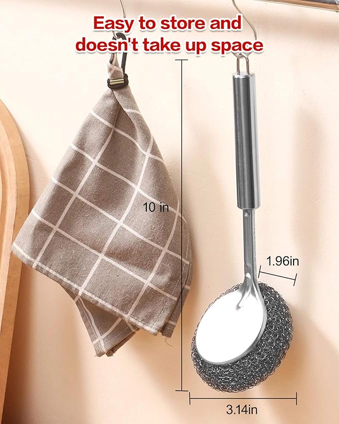 5Pcs Steel Wool Scrubber, Stainless Steel Scrubber Set with Long & Short Handle & 3Pcs Pads, Metal Scrubbers for Cleaning Kitchen,Household,Dishes,Wash Sink,Pots,Pans,Cast Iron,Grills,Stoves