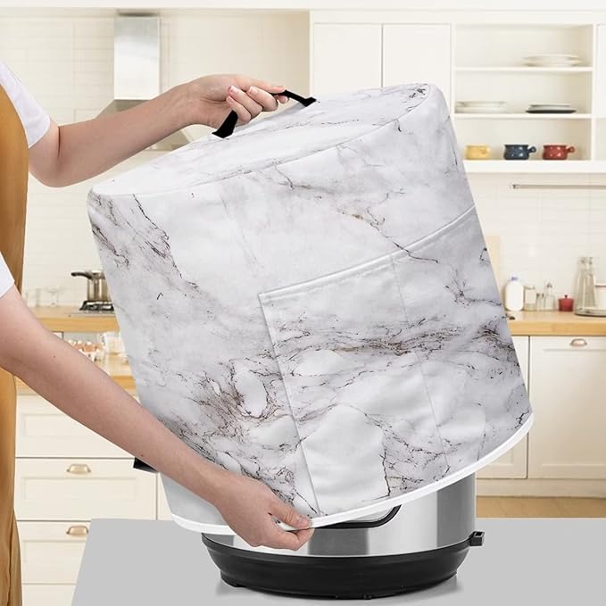 Air Fryer Dust Cover Compatible with 8 Quart Insulated Kitchen Appliance Cover with Top Handle and Front Pockets for Women Gift, White Marble