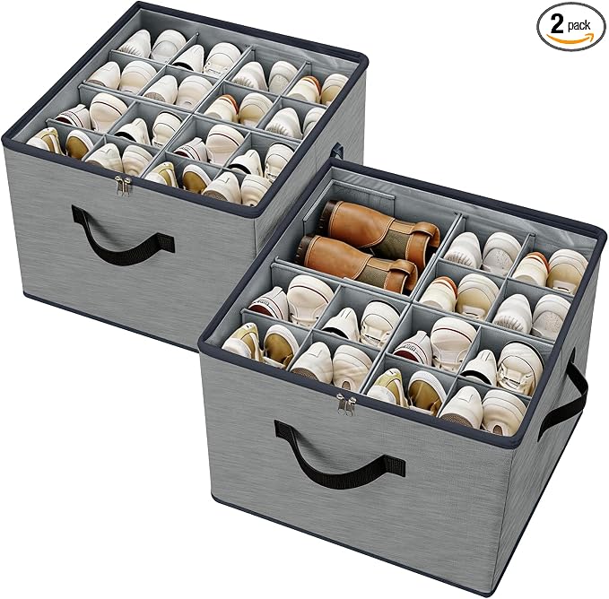 Adjustable Dividers Shoe Organizer Box 2 Pack – Clear Cover Shoe Storage by MECINFUL