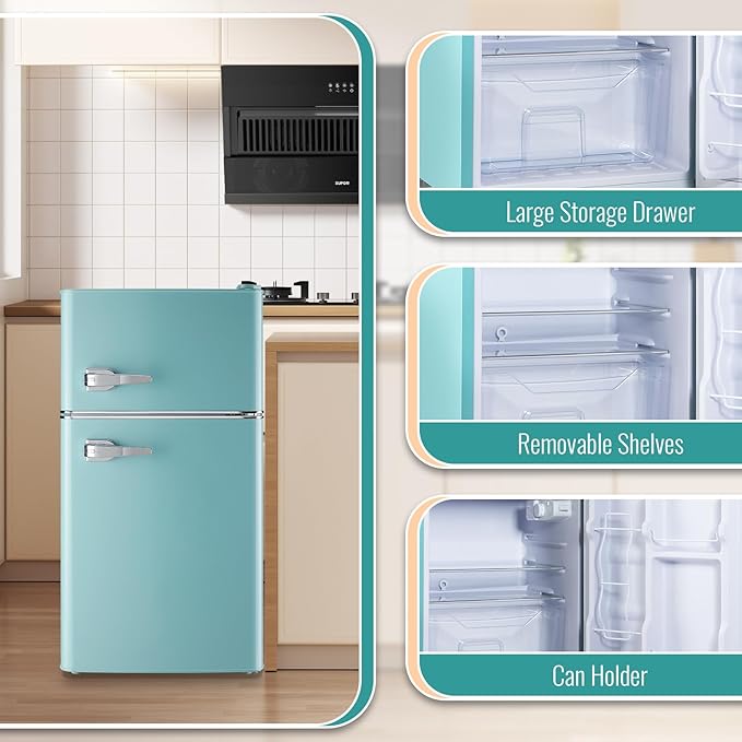 WANAI 3.5 Cu.Ft Mini Fridge with Freezer, Retro Small Refrigerator with 2 Handles, 7 Settings Temperature Adjustable, 2 Door Refrigerator for Office, Dorm, Bedroom, Apartment, Blue