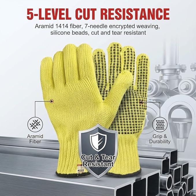 Heat Cut Resistant Gloves,Aramid leather Oven Gloves with Fingers,Heat Resistant Up to 550°F, Thick Knit Grill Mitts (silicone beads, Small)