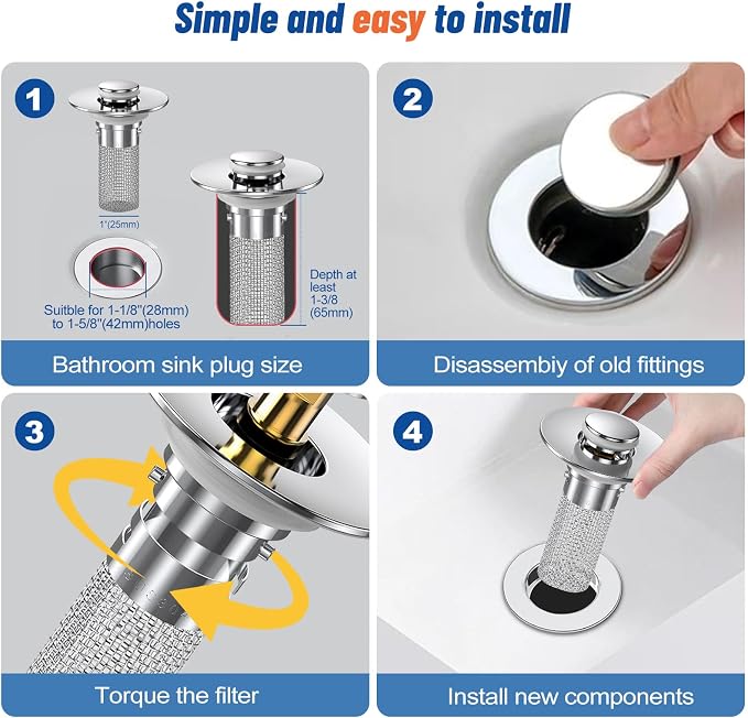 Vakabiu 2024 New Pop Up Bathroom Sink Drain Strainer Hair Catcher, Sink Drain - Image 7
