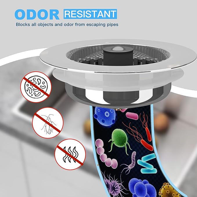 Kitchen Sink Drain Strainer 3 in 1, 304 Stainless Steel Pop Up Sink Stopper, Anti-Clogging Drain Stopper, Strainers for Kitchen, Drain Cover and Kitchen Accessories for US Standard Sink (Chrome)