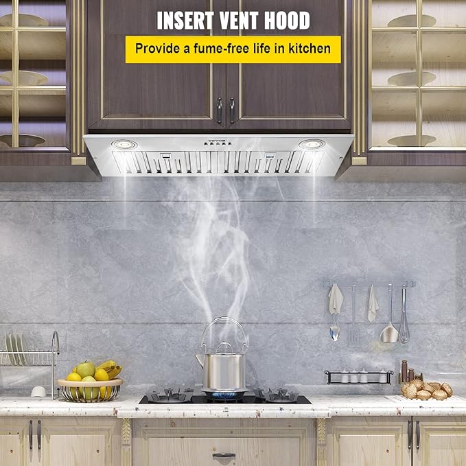 VEVOR Insert Range Hood, 800CFM 3-Speed, 27 Inch Stainless Steel Built-in Kitchen Vent with Push Button Control LED Lights Baffle Filters, Ducted/Ductless Convertible, ETL Listed…
