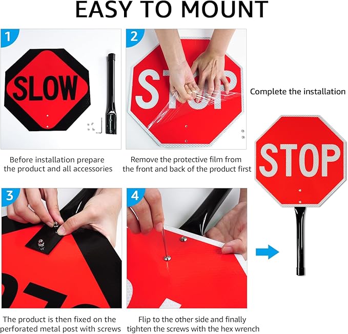 GicnKeuz Stop Slow Sign with Metal Handle, 13x13 inches Double Sided Slow/Stop sign, Traffic Reflective Aluminum Sign, Fade Resistant/Waterproof, Easy to Mount (1 Pack)