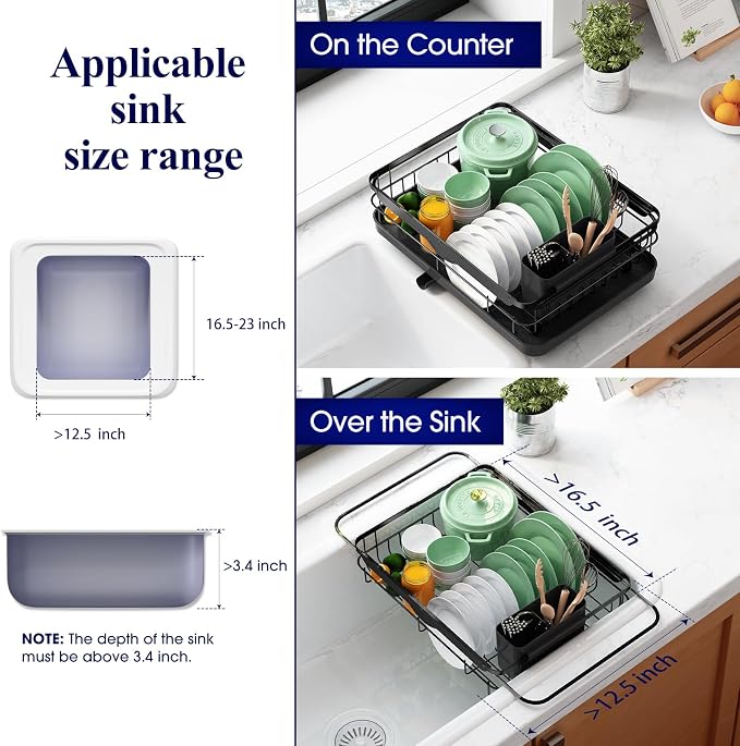 Kitsure Dish Drying Rack for Kitchen Counter, 12.2''W x 15.7''~23''L, Cutlery - Image 2