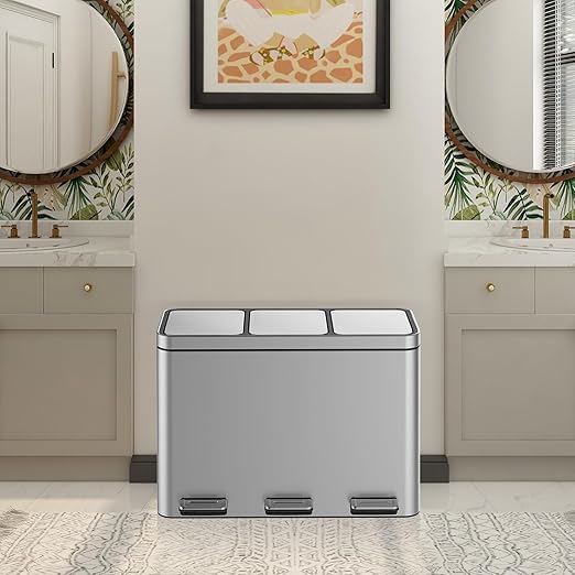 Garvee 12 Gallon Stainless Steel 3 Compartment Trash Can - 3x15L Recycling Bin with Soft-Close Lid, Fingerprint-Proof Kitchen & Office Waste Sorting Bin