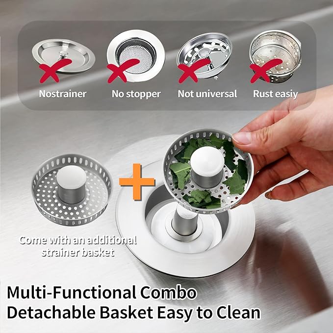 Sink Drain Strainer,Stainless Steel 3-in-1 Pop-up Sink Stopper with Sealing Ring, Anti-Clog & Odor-Proof Drain Filter, Fits 3-1/2 Inch Sink Drain Holes, Easy Installation-2pc