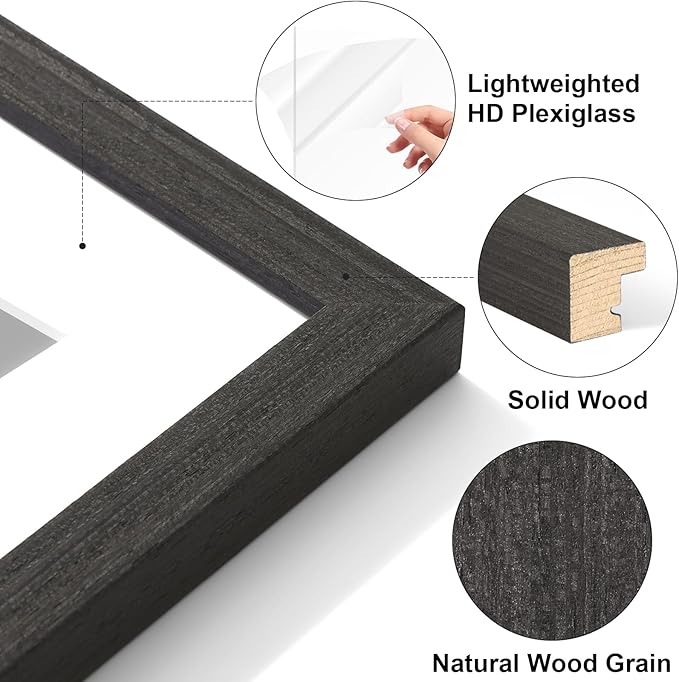 Vittanly 8.5x11 Picture Frame Set of 2, Solid Wood Frame for Wall or Tabletop, Display Photo 6x8 with Mat or 8.5x11 without Mat, Black