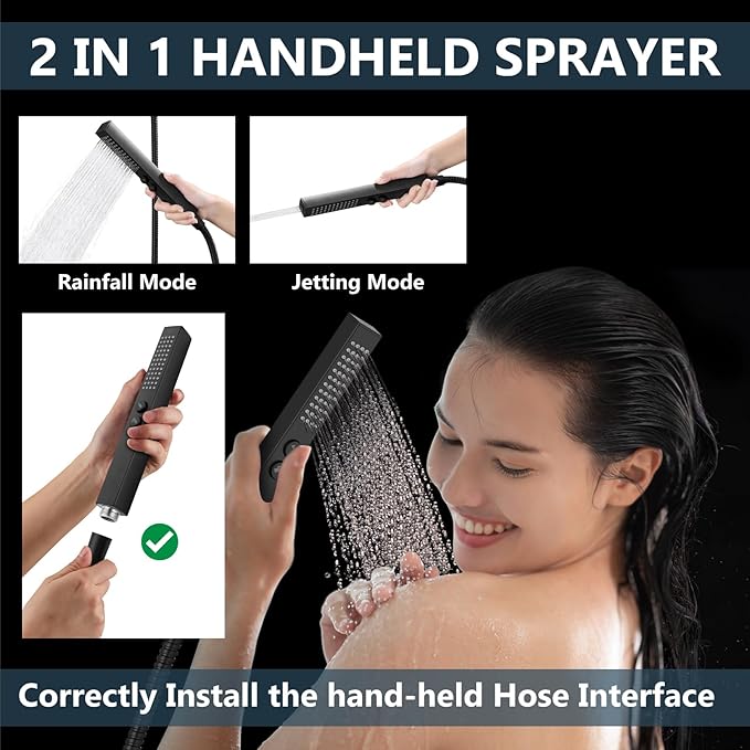 Aolemi Shower Faucet Set Ceiling Mount Shower System Rough-in Valve and Shower Trim Kit 2 in 1 Handheld Spray Push Button Diverter 16 and 6 Inch Dual Shower Head Matte Black