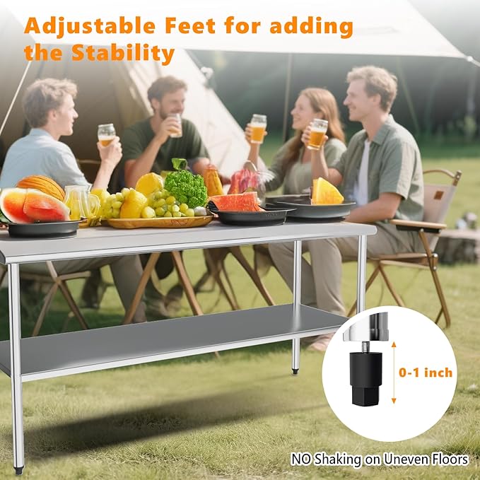 ROVSUN 72'' x 24'' Stainless Steel Table for Prep & Work,Commercial Worktables & Workstations,Heavy Dut Metal Table with Adjustable UnderShelf & Backsplash for Kitchen, Restaurant,Home,Hotel