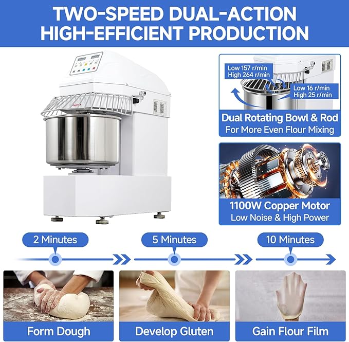 27lbs/20Qt Commercial Spiral Dough Mixer with Timer, 1100W Electric Dough Kneading Machine with 304 Stainless Steel Bowl, Touch Screen,2 Speeds Dual Rotation for Restaurant, Bakery, Pizzeria