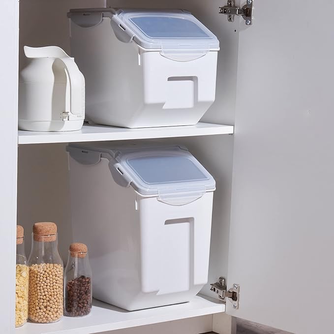 HANAMYA 15 Liter / 30 lbs Rice Storage Container with Measuring Cup, BPA free, For Rice | Grain | Pet Food | Flour, 1 count, White & Gray