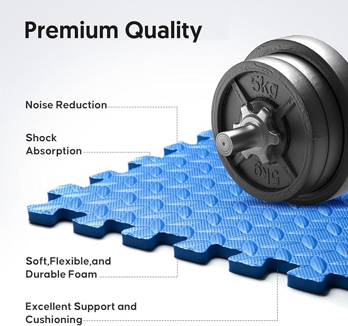 Home Gym Mat, Puzzle Exercise Mat, EVA Interlocking Foam Floor Tiles for Home Workout Equipment and Kids' Play Areas - Blue, 24 in x 24 in x ½ in - 12 Tiles (Blue, 12 Pack 48 sq ft)