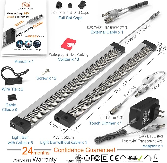EBD Under Cabinet Lights Touch LED Under Cabinet Lighting Built-in Adjustable Cable No Messy Wires! 6 Pcs Super Bright Light Bar 6500K Cool White 2100Lm Good for Timer & Smart Plug