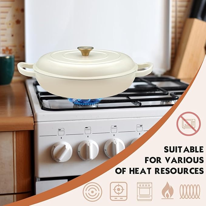 Overmont Enameled Cast Iron Dutch Oven - 3.8 Quart Dutch Oven Pot with Lid - Shallow Cookware Braising Pan - Cast iron Casserole with Cookbook & Heat-resistant Caps - Oven Safe up to 500° F