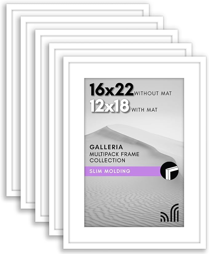 Americanflat 16x22 Picture Frame with Polished Plexiglass - Set of 5 - Use as 12x18 Frame with Mat or Display 16x22 Photo Without Mat - Galleria Collection - Picture Frames for Wall Display - White