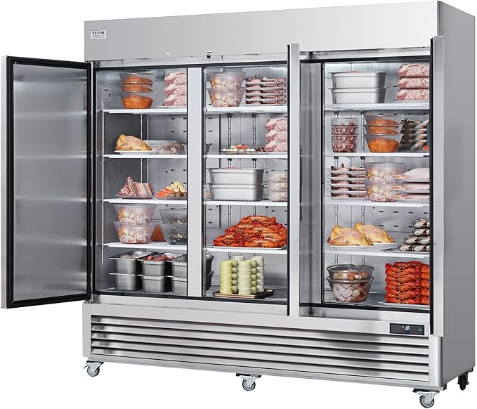 VEVOR Commercial Freezer 60.42 Cu.ft, Reach In 82.5" W Upright Freezer 3 Doors, Auto-Defrost Stainless Steel Reach-in Freezer with 12 Adjustable Shelves, -13 to 5℉ Temp Control, LED Lighting, 4 Wheels