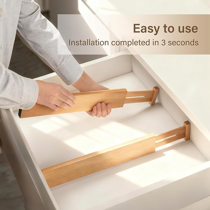 Adjustable Bamboo Drawer Dividers of 4, Expandable Organizers | Spring-Loaded - Image 5