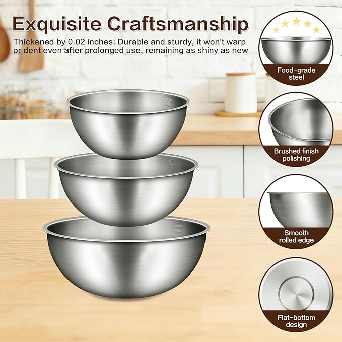 3-Piece Stainless Steel Mixing Bowls Set, 2.4, 3.2 & 4.9 Qt with Measurement Marks, Food Grade 304, Dishwasher Safe & Stackable for Baking, Tossing Salads, and Meal Prep for Your Kitchen