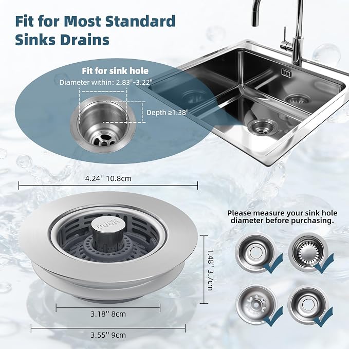 Hibbent 2 Pack 3 in 1 Kitchen Sink Drain Strainer, Metal Pop Up Stopper - Image 9