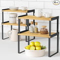 Kitchen Cabinet Organizer Shelf Set of 4, Pantry Organizers and Storage Shelves for Plates Dishes Cups Mugs, Cupboard Counter Cabinet Shelf Riser for Countertop (Bamboo Wood and Black Metal)