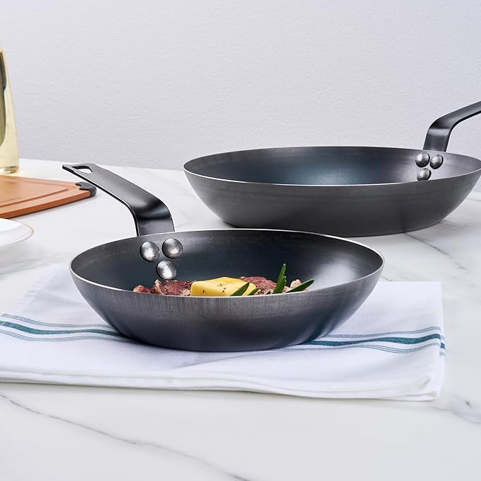 Restaurantware-Met Lux 8 Inch Fry Pans, 6 Lightweight Frying Pans - Induction-Ready, Triple-Riveted, Black Carbon Steel Cooking Skillets, Durable, For Searing, Sauteing, And Browning Food