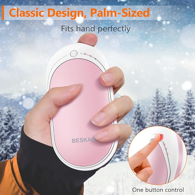 BESKAR Rechargeable Hand Warmer, 5200mAh Electric Hand Heater, Double-Sided Heating, USB Quick Charge, Portable Pocket Hand Warmer for Outdoor, Golf, Raynauds - Winter Gift
