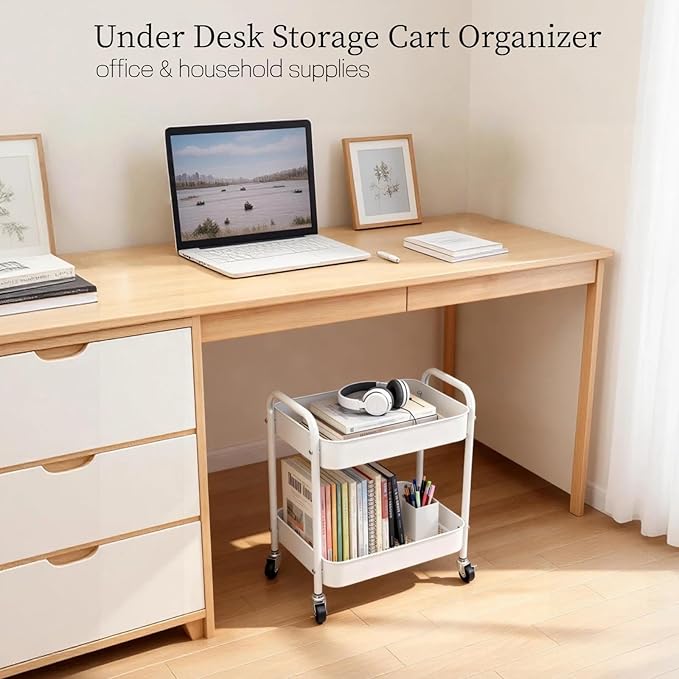 Under Desk Storage Cart 2 Tier Utility Rolling Cart with Wheels, Small Metal Mobile Trolley with Handle Two Tiered Utility Organizer Roller for Kitchen Office Bathroom Pantry Room, White