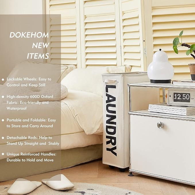 DOKEHOM 25" Slim Rolling Laundry Basket Hamper, Narrow on Wheels - Image 2