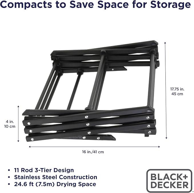 BLACK+DECKER Space Saving 3-Tier Expandable Clothes Drying Rack, Foldable - Image 3