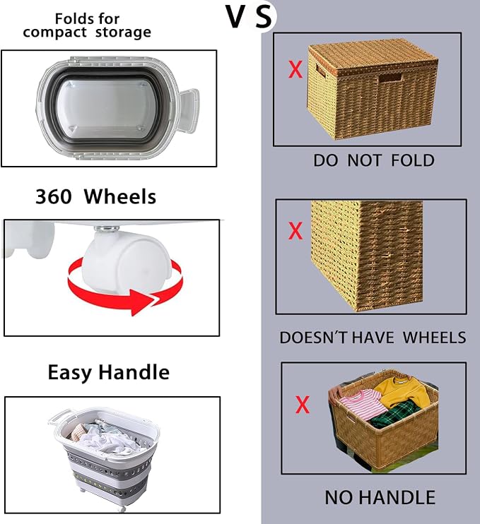 Folding Laundry Basket with Wheels Handle Collapsible Plastic Hamper 38L - Image 4