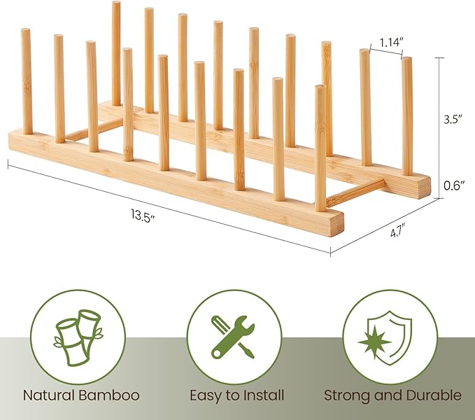 2 Pack Bamboo Wooden Dish Rack-Plate Pot Lid Cutting Board Organizer Holder Rack for Cabinet-Kitchen Cabinet Organizer for Dish, Pots, Lids, Bowls, Bottles, Books, and Puzzle